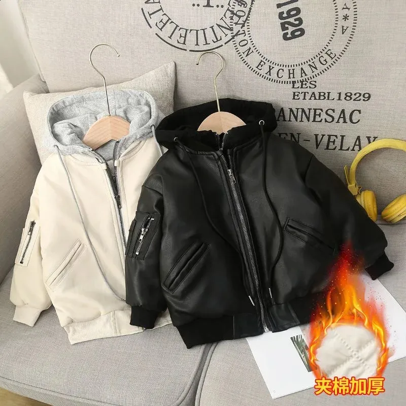 Mantel 1-8 Winter Jungen Lederjacke Dicke Baumwolle Kindermantel Neue Mode Wasserdichter Reißverschluss Mit Kapuze Kindermantel 231117