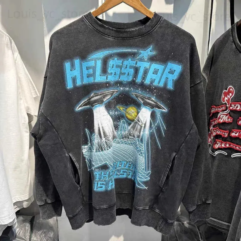 Herrtröjor tröjor 23SS Hellstar vintage Wash Pullover fuzzy abstrakt tryck rund hals tjock high street långärm svart tröja t231117