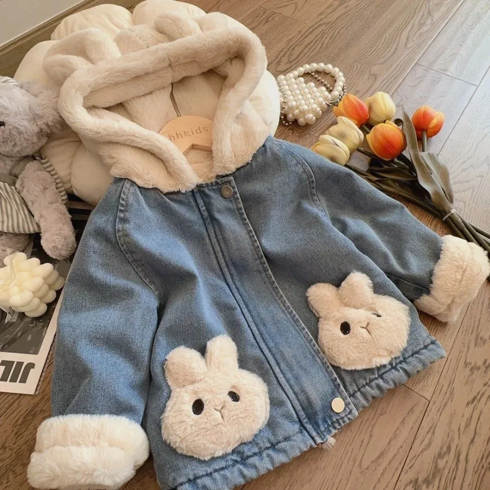 Casaco de pelúcia para meninas jaqueta grossa infantil jaqueta jeans quente jaqueta bebê fofo orelha de coelho com capuz jaqueta de lã infantil roupas de inverno 231117