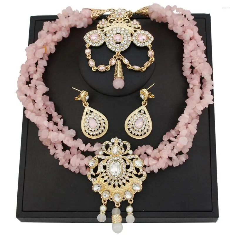 Collana Orecchini Set Sunspicems Cristallo rosa Marocco Gioielli Perline in pietra naturale Girocollo Caftano Spilla Orecchino per le donne Catena color oro