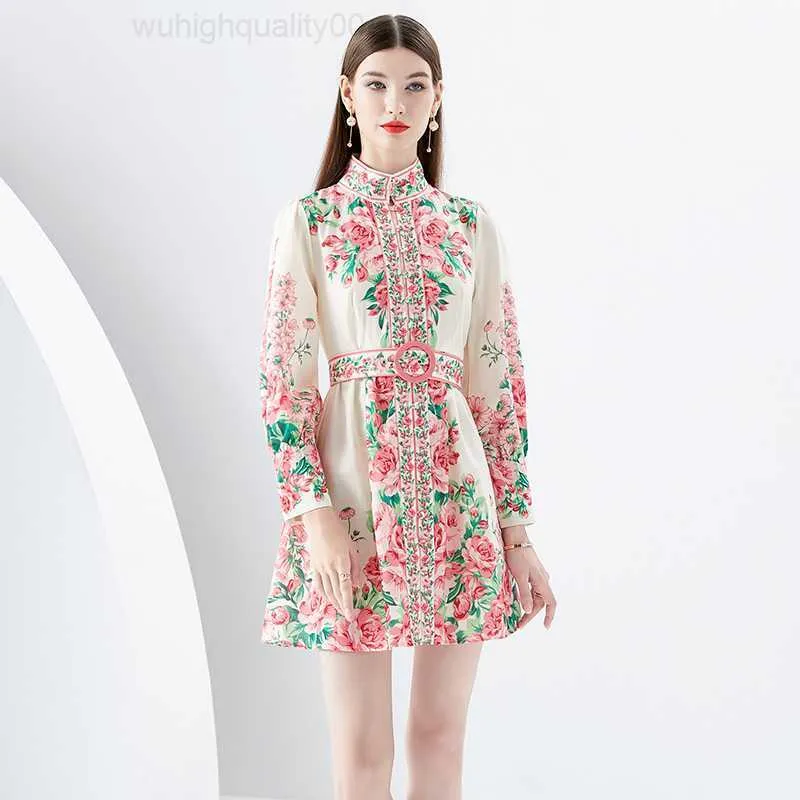 Luxury Mini Floral Chiffon Dress with Belt Woman Puff Sleeve Stand Collar  Slim Ruched Floor-Length from Dhgate Runway Dresses - price 27.83
