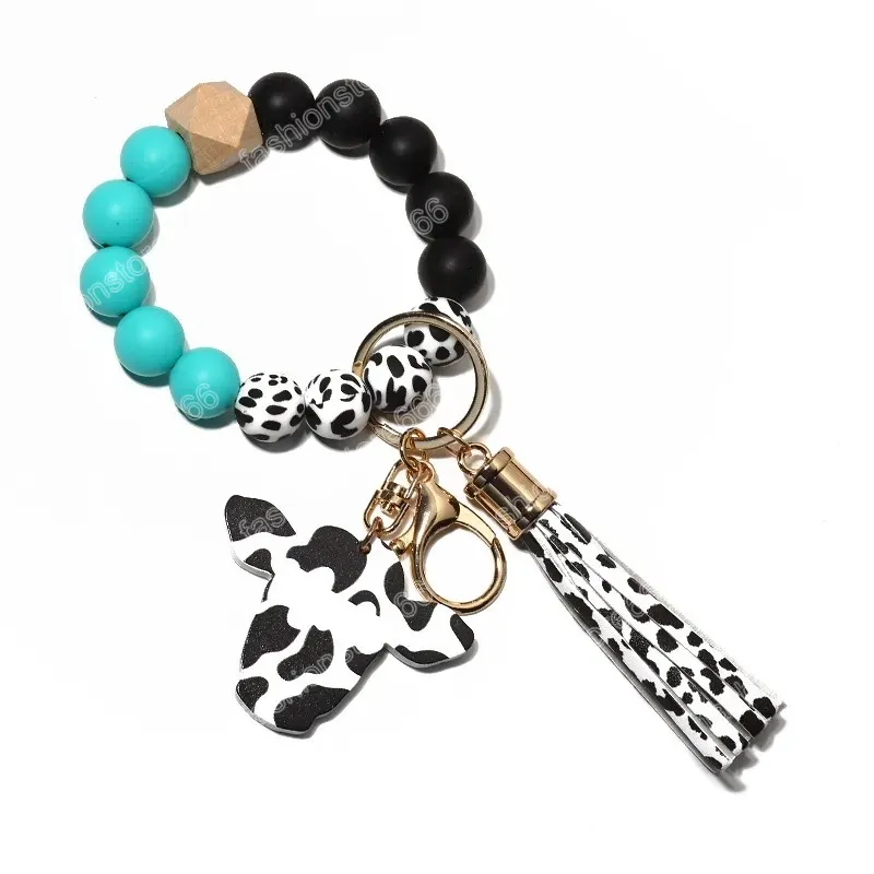 Llaveros Vaca Cuentas de silicona personalizadas Borla de cuero Linda vaca Madera Toro Pulsera de cuentas de madera Llavero de pulsera de silicona