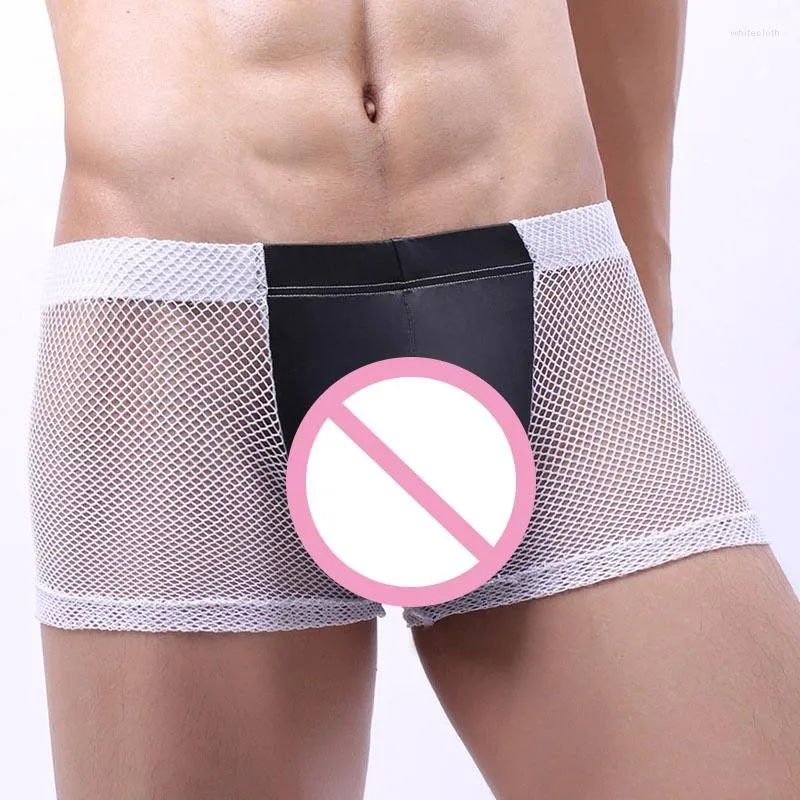 Majaki Sheer Men's Boxer Shorts Gay Bielizna Sexy-See-Frough Big Mesh Sching Pu Boxers erotyczne niskotowskie penis torebka