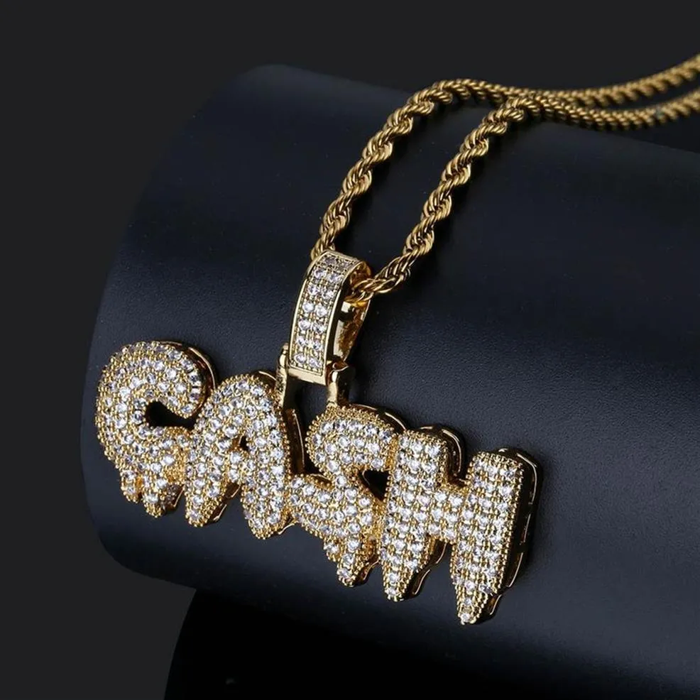 Männer Iced Out CASH Buchstaben Anhänger Halskette Gold Silber Micro Pave Kubikzircon Hip Hop Gold Kette Schmuck Geschenke239D