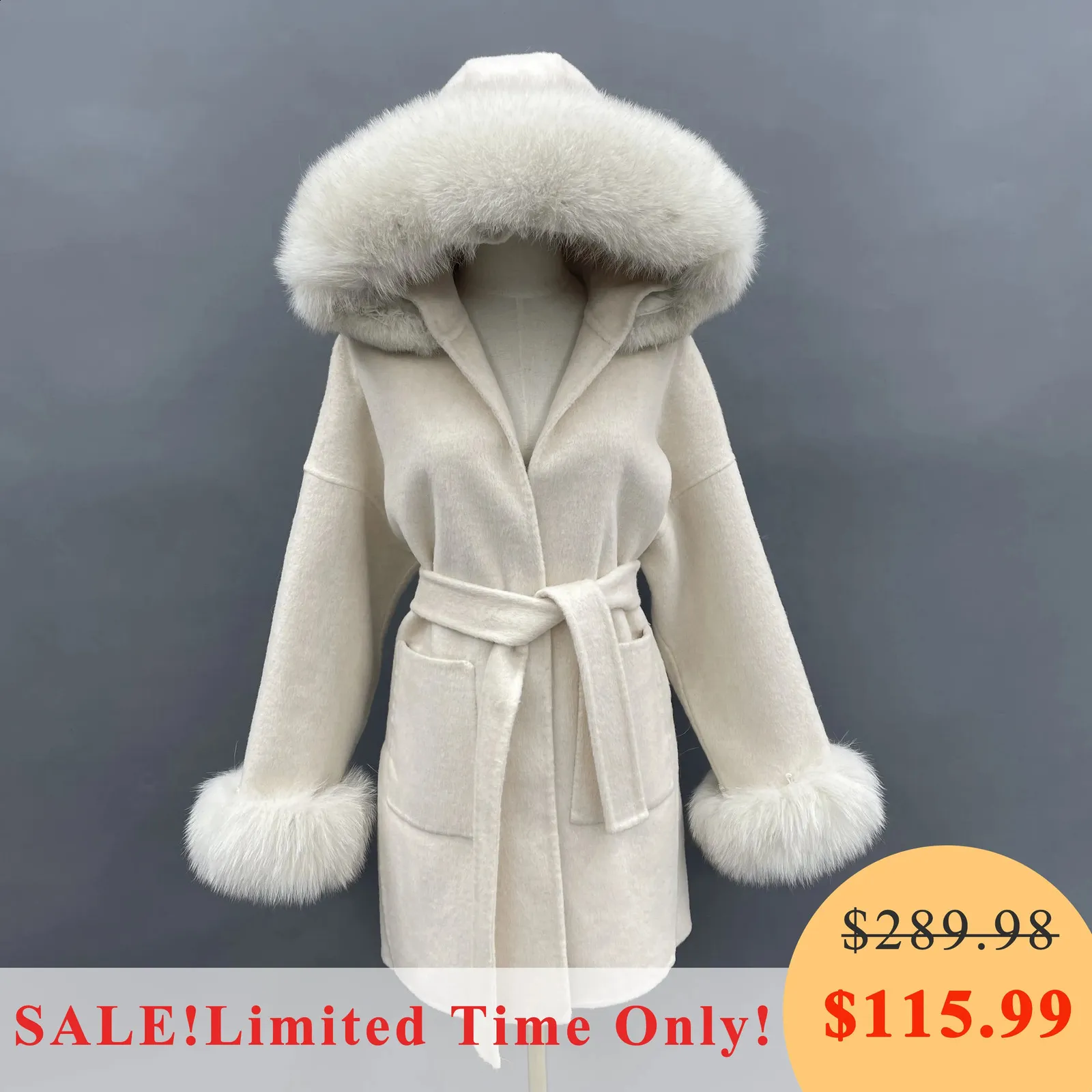 Women's Wool Blends Missjanefur Coat med riktig päls krage manschettkvinnor 2023 mode bälte kashmirrockar varma vinter huva trench peacoat 231116