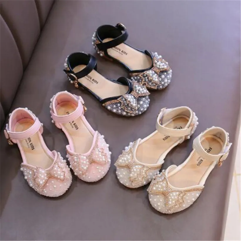 Summer Kids Sandals Rhinestone ldren Girls Dress Shoes Bow Party Shoe Soft Bottom NonSlip Baby Shiny Princess Shoes