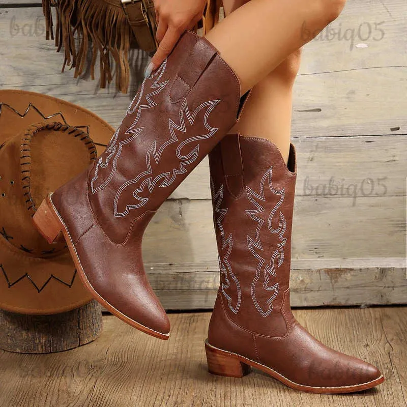 Bottes Nouveau 2024 bottes de cowboy brodées pour femmes genou haut moyen sans lacet talon épais bout pointu rétro Western Cowgirl Botas Mujer T231117