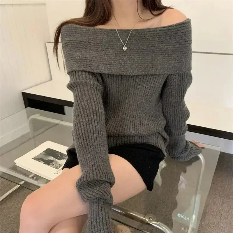 Womens Sweaters Deeptown Elegant Sweater Women Korean Style Off Shoulder Knitted Female Jumper Vintage Autumn Knitwear Harajuku Fashion Pullover 231116