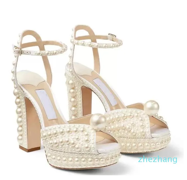 2023-Estate Abito da sposa Scarpe Sandali con plateau in raso decorati con perle Donne eleganti Bianco Sposa Perle Tacchi alti Décolleté da donna EU35-42