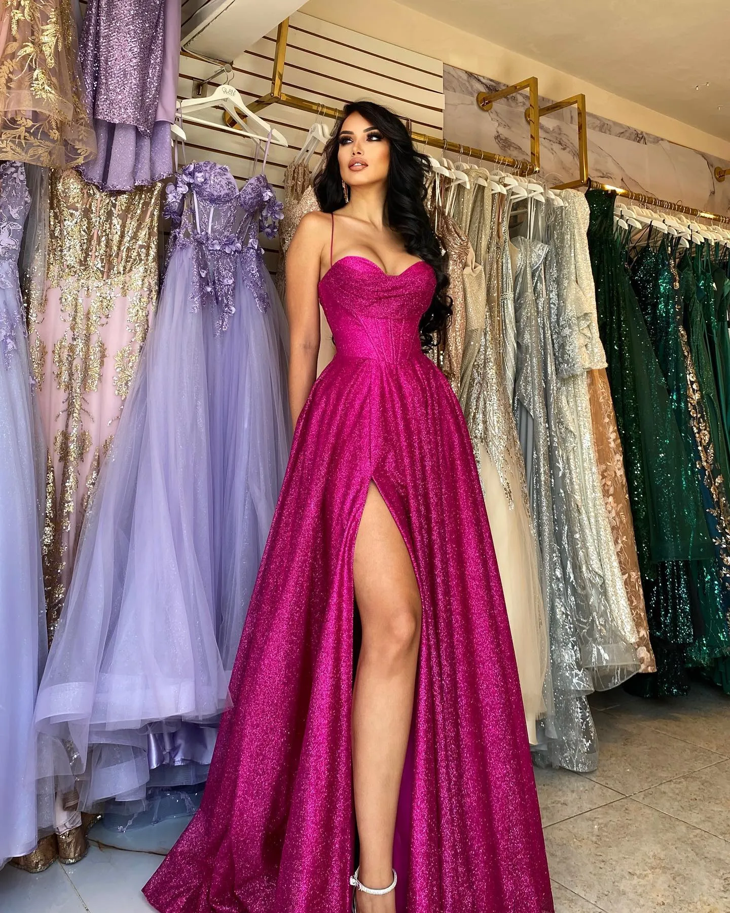 Fuchsia A-Line Sequined Prom Dress Floor-Length with Spaghetti Sweetheart  Neckline and High Side Split from Dhgate Prom Dresses - price 180.91