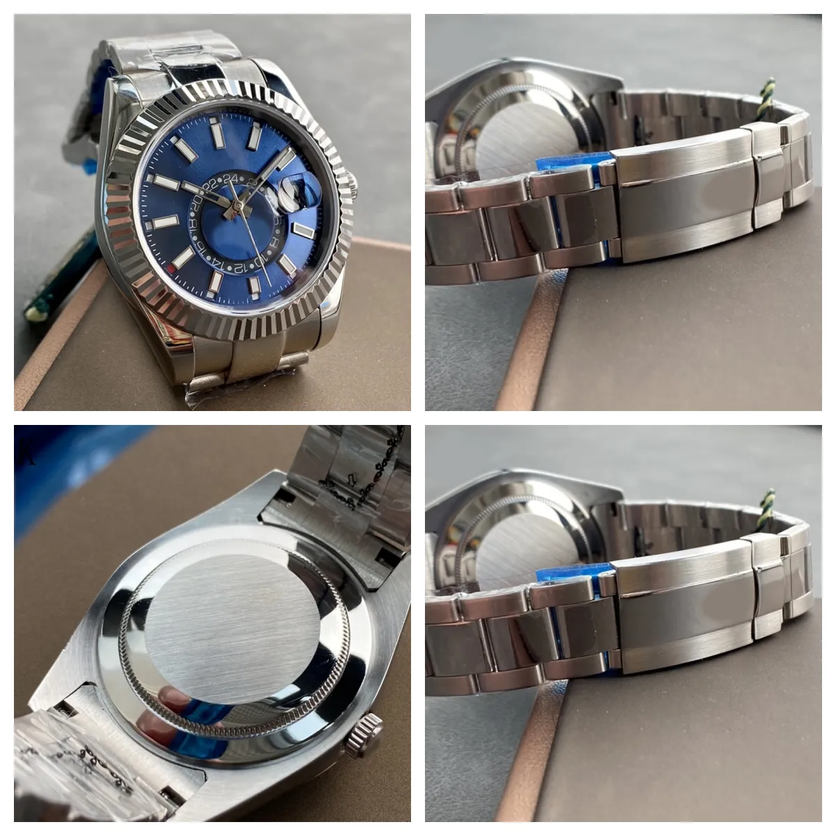 Orologio da uomo di lusso di design SKY quadrante blu movimento meccanico automatico orologio da 42 mm doppia funzione di rotazione data zaffiro impermeabile orologio di lusso Montre De Luxe