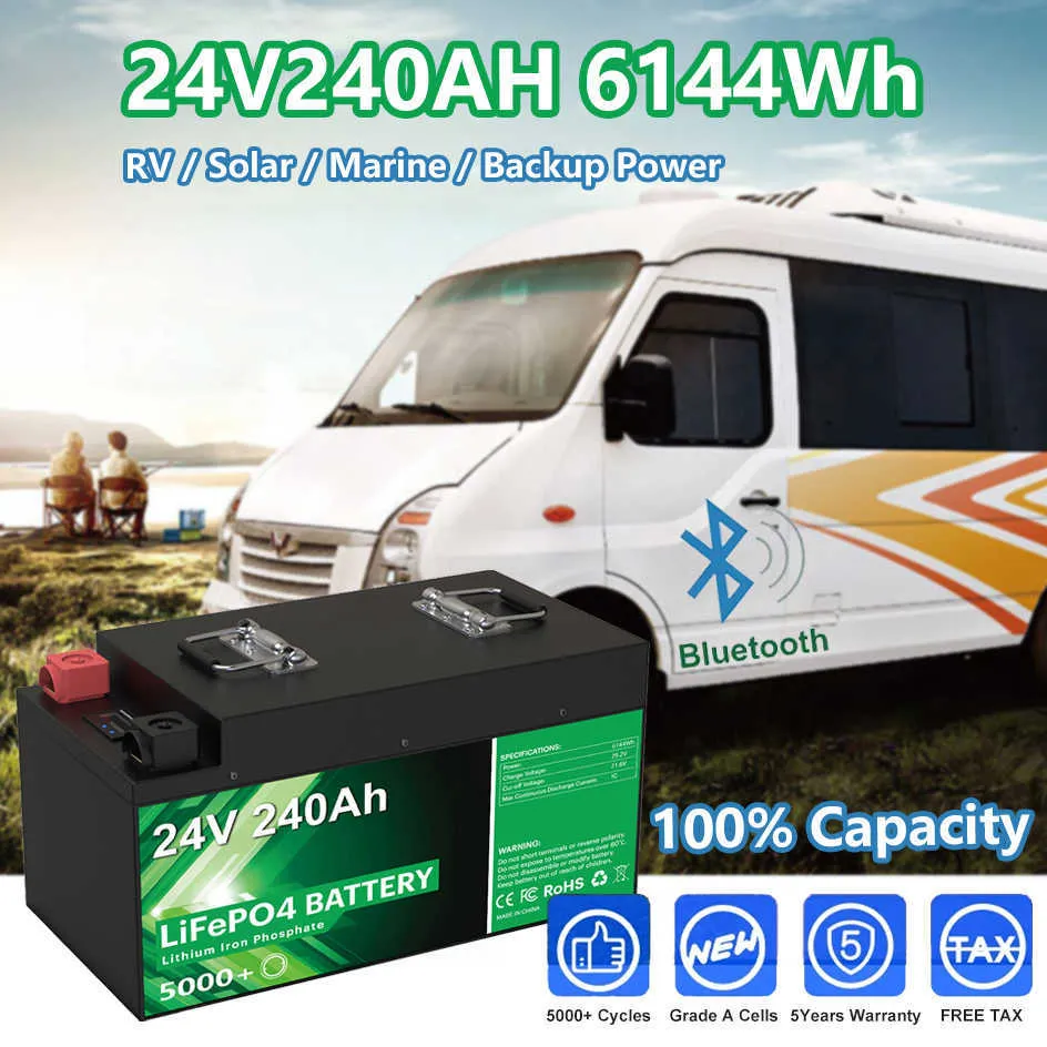 24V 240AH 200AH LIFEPO4 حزمة البطارية 25.6V 6144WH 5000+ دورة 100 ٪ سعة كاملة مدمجة 8S 200A BMS مع Bluetooth EU لا ضريبة