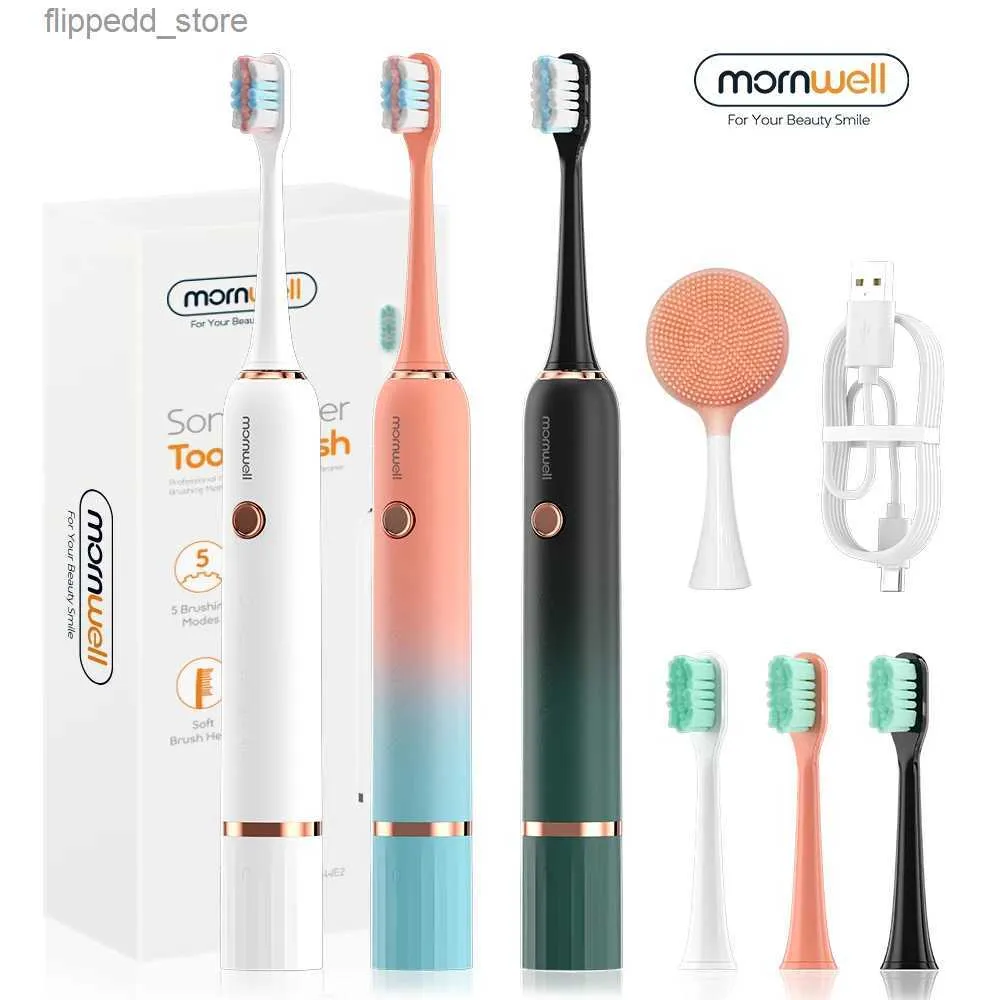 Cepillo de dientes Mornwell Sonic Cepillo de dientes eléctrico T33 Temporizador para adultos Cepillo 5 modos Cargador USB Cepillos de dientes recargables Juego de cabezales de repuesto Q231117