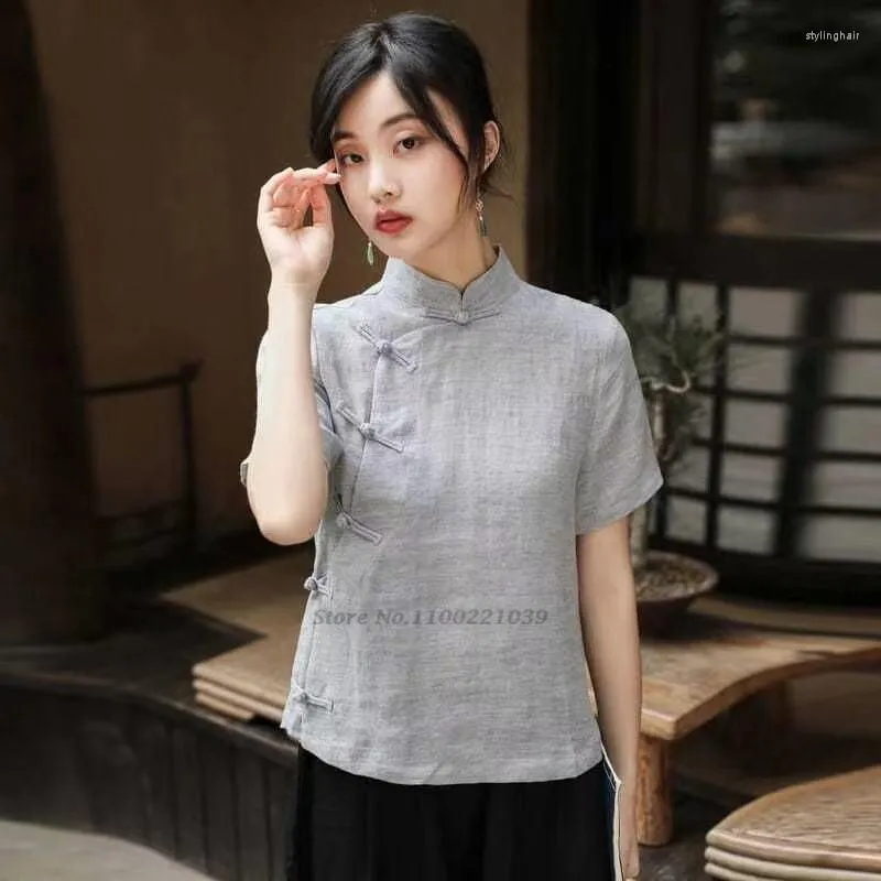 Ethnic Clothing 2023 Women Retro Chinese Style Qipao Tops Traditional Vintage Elegant Cheongsam Blouse Zen Cotton Linen Oriental Hanfu