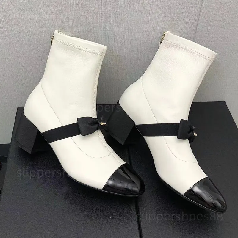 ankelstövlar designer kvinnors stövlar klack mjuk läder mode korta stövlar mode booties bow knut svart vit chunky låg klack stövlar kattunge klackar bekväma klänningskor