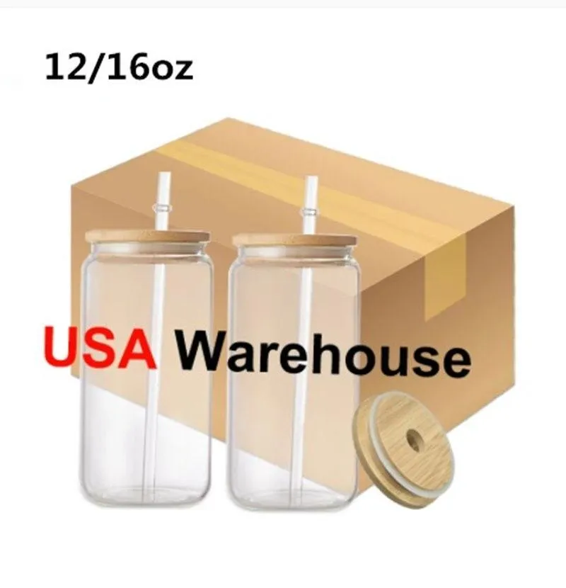 USA Canada Warehouse 16oz DIY Sublimation Glass Glass Beer Mug الزجاج الزجاجي يمكن أن يتمكن من الكوب من المبلورات المبللة بغطاء من الخيزران وقهوة مثلج قابلة لإعادة الاستخدام