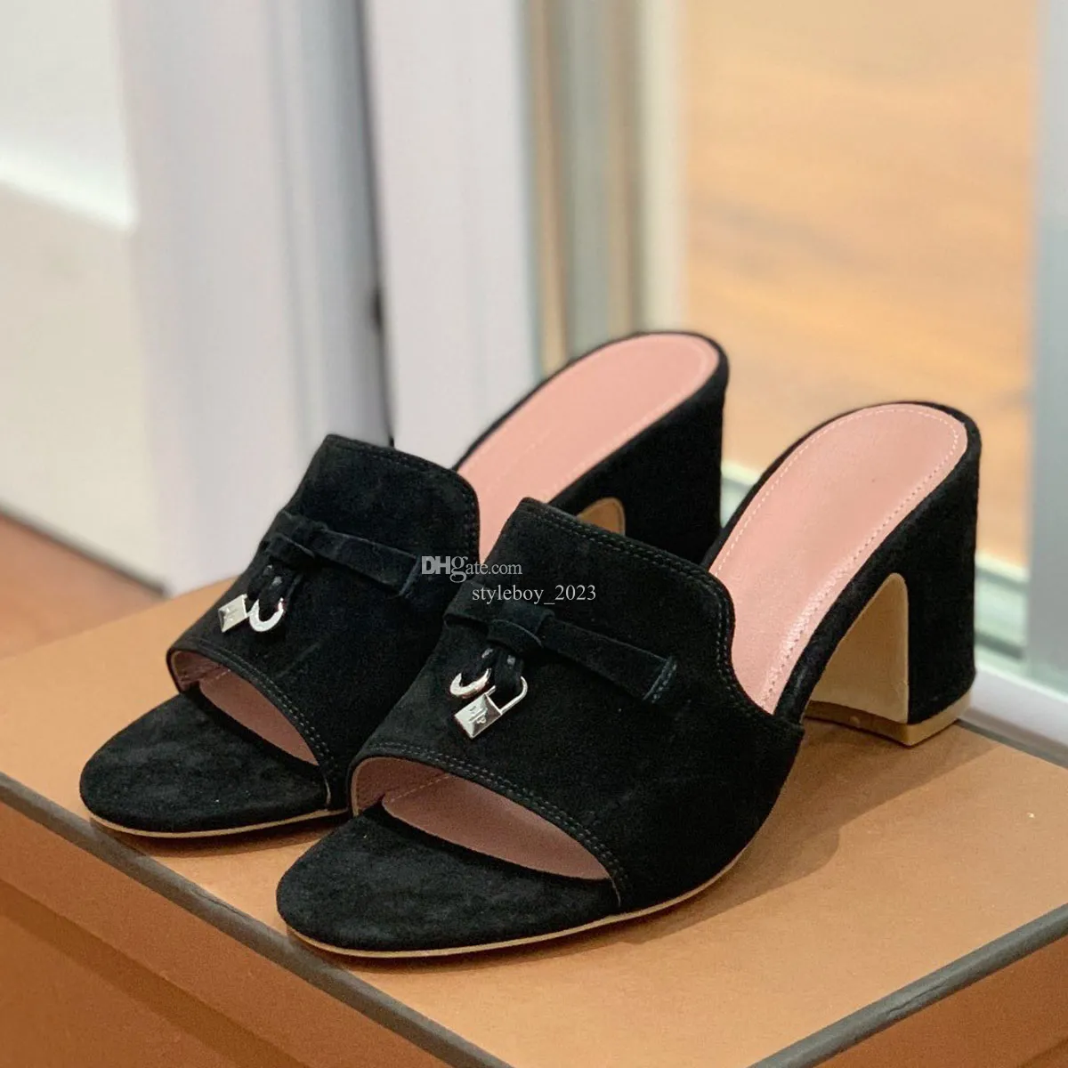 Summer Charms suede Mules Slippers Slides chunky block heels open-toewomen Luxury Designers Genuine leather outsole Casual Party shoes factory footwear