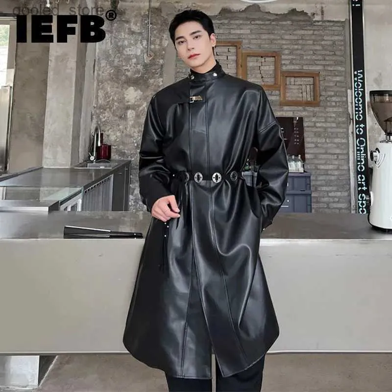 Erkekler trençkotları IEFB Erkekler trençkot Yuvarlak Boyun Pu Deri Rüzgar Dergisi Moda Kore Stil Diz Uzun Palto Trendi Gevşek Sonbahar 9C2816 Q231118
