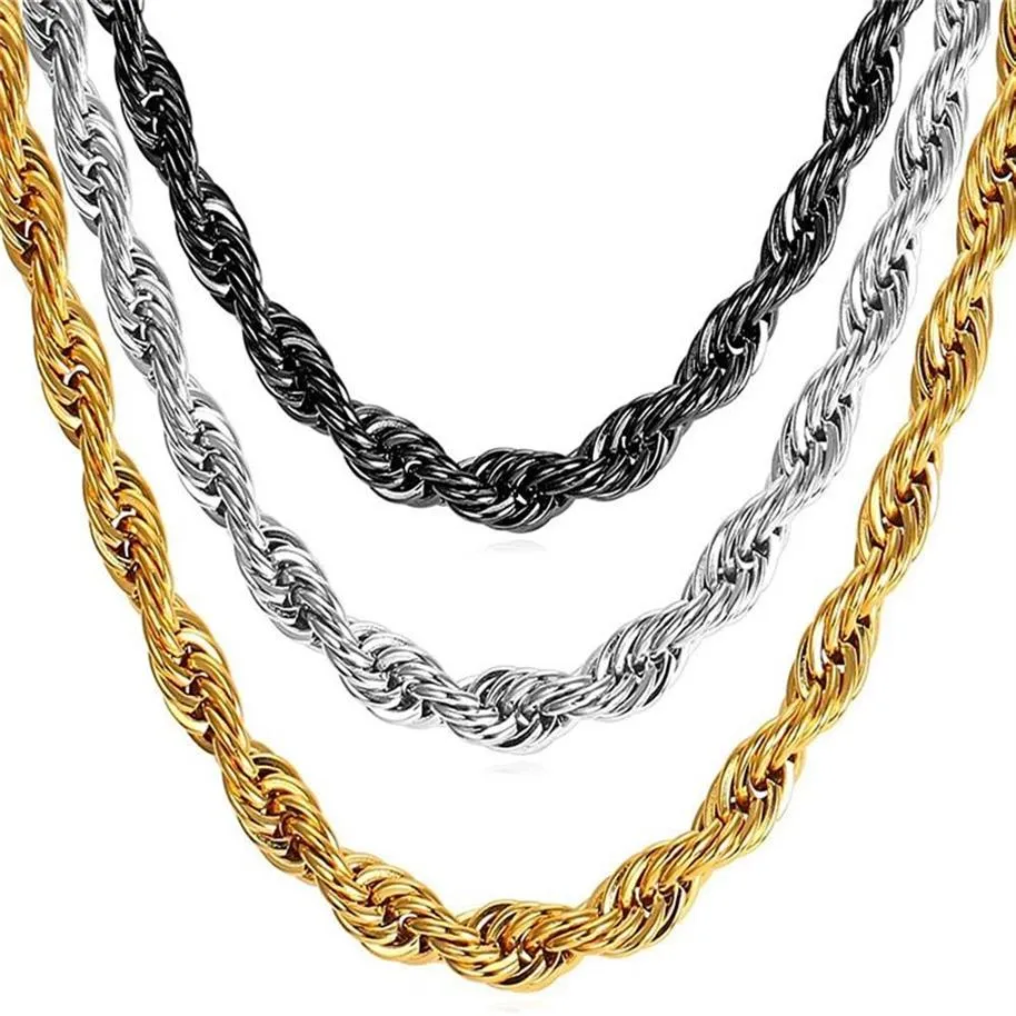 U7 Hip Hop ed Rope Necklace For Men Gold Color Thick Stainless Steel Hippie Rock Chain Long Choker Fashion Jewelry N574 2209S