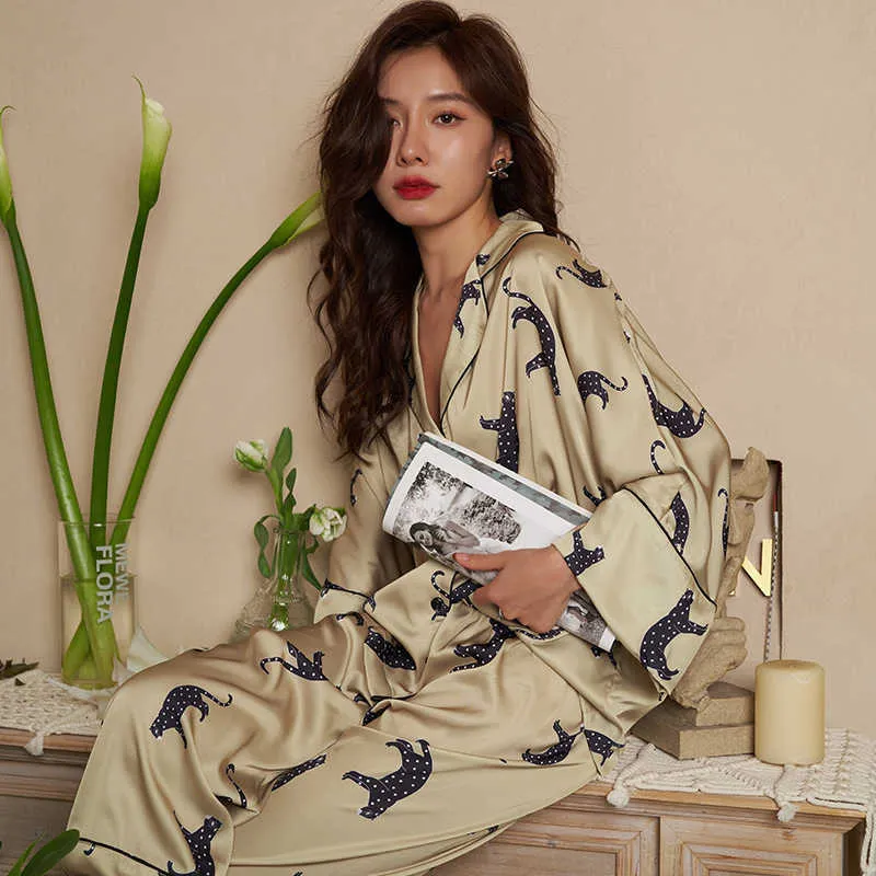 Femmes Sleep Lounge Luxe Dames Homewear Soie Imprim Manches Longues Dames Pyjama Ensemble 2 Pi ces Avec Pantalon D t Printemps Satin Pyjama Pour