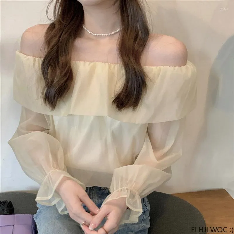 Blusas De Mujer Mujer Chic Corea Japon Chicas Delgadas Sexy Sheer Mesh Organza Camisas Ruffles Off Shoulder Tops De 16 37 DHgate