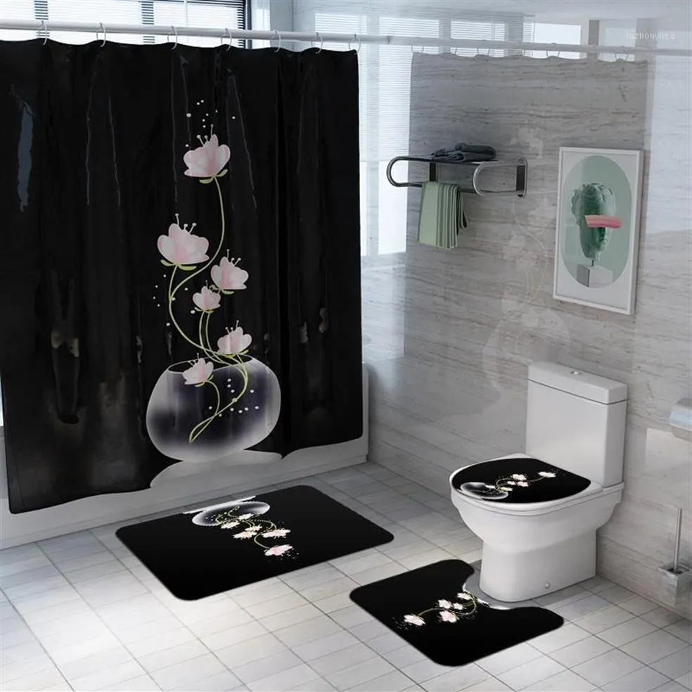 Ästhetischer Lotus-Duschvorhang, Bodenmatte, 4-teiliges Set, Badezimmermatte, WC-Abdeckung, kreativer Badezimmervorhang, wasserdichte Trennwand12492