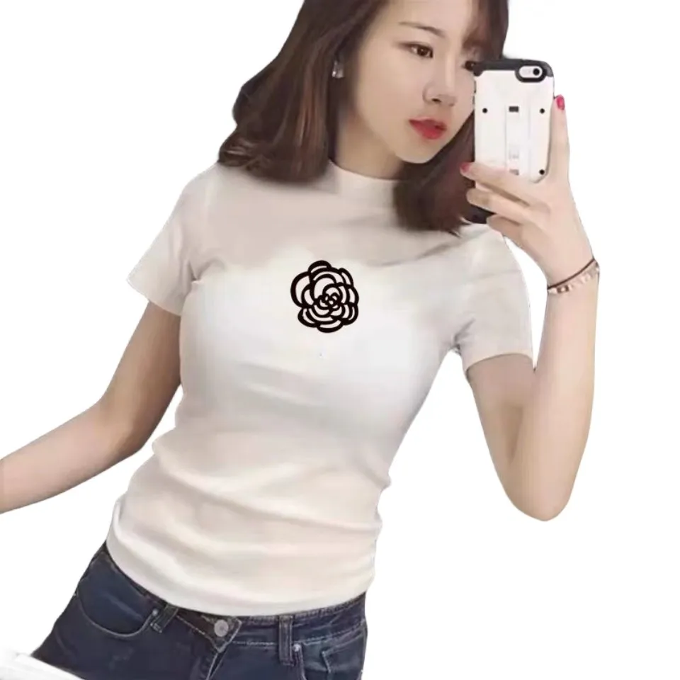 여자 스탠드 칼라 짧은 슬리브 꽃 피 인쇄면 티 smlxlxxl3xl