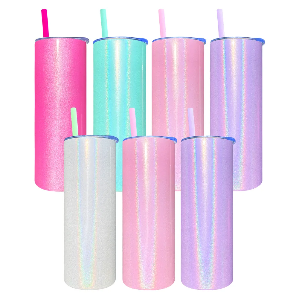 Plusieurs couleurs disponibles Sublimation vierge Holographique Skinny Glitter Tumbler 20oz Tasses à café de voyage en acier inoxydable avec couvercle et paille adaptées au vinyle