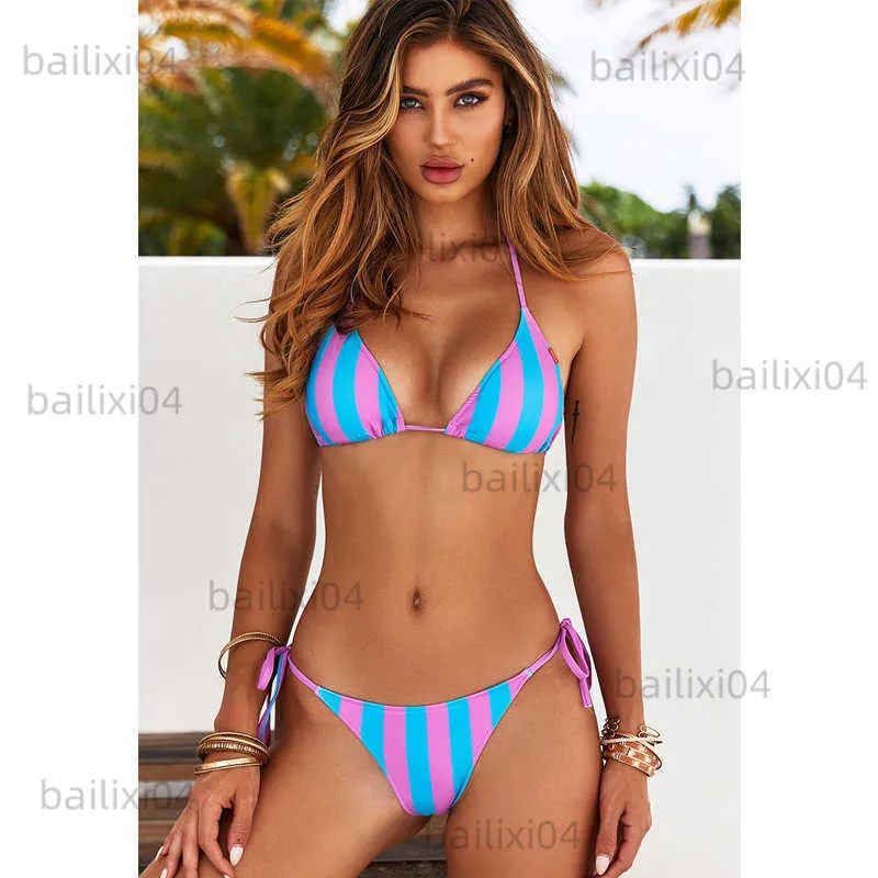 Kadın Mayo Seksi Mikro Bikini 2022 Yeni Çizgili Mayo Kadın Bikini Set Bandage Thong Mayo Kadınlar İçin Yüzme Biquini İki Parça L T230417