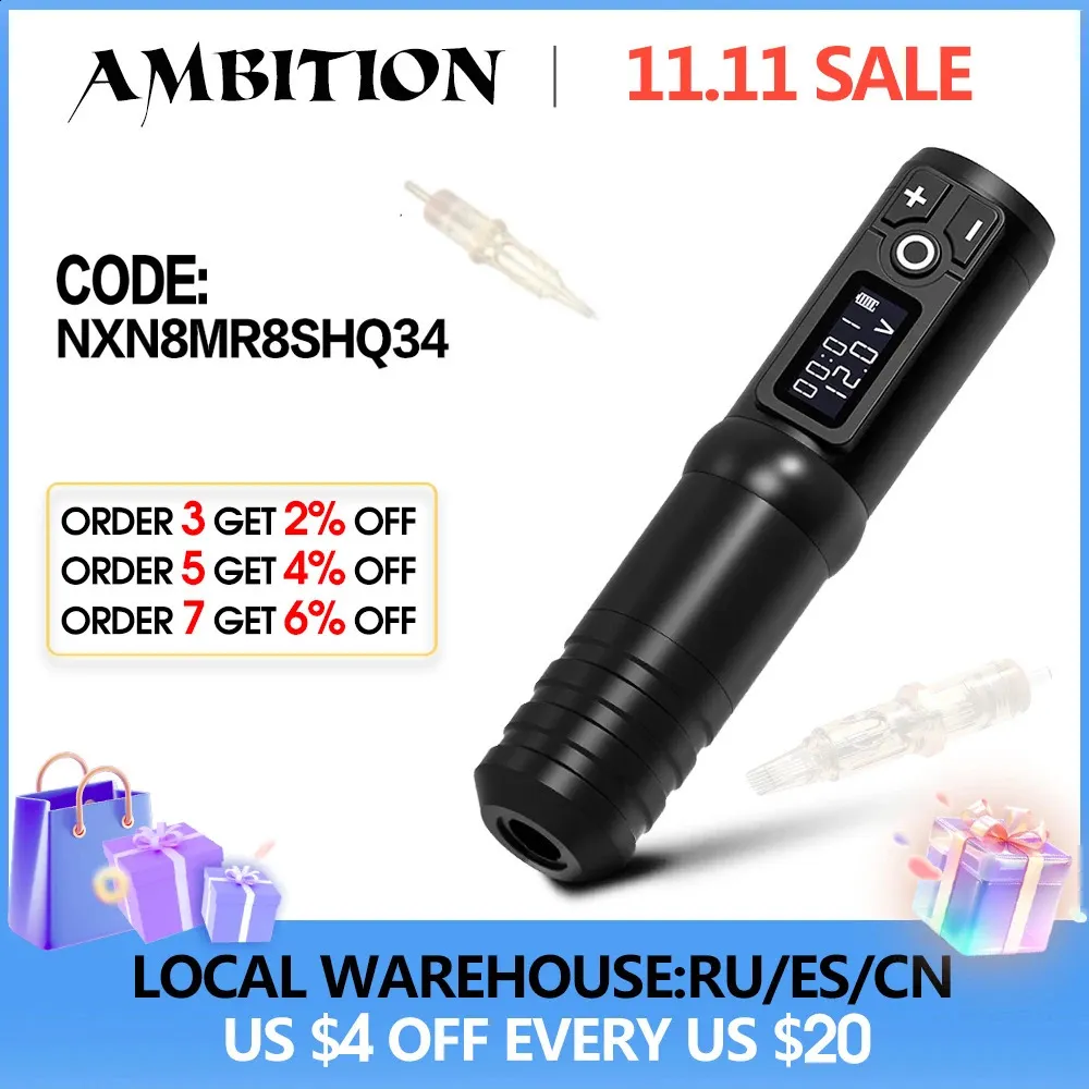 Dövme Makinesi Ambition Flash Kablosuz Dövme Kalem Makinesi Profesyonel Pil Kapasitesi 2200mAh Lityum Güç Kaynağı Led Dijital Vücut Sanatı 231116