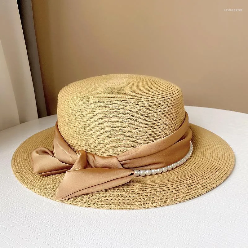 Wide Brim Hats Fashion Summer Women Natural Straw Hat Chapeau Female Sun Boater Pearl Bow Ribbon Panama Beach Sombrero Mujer