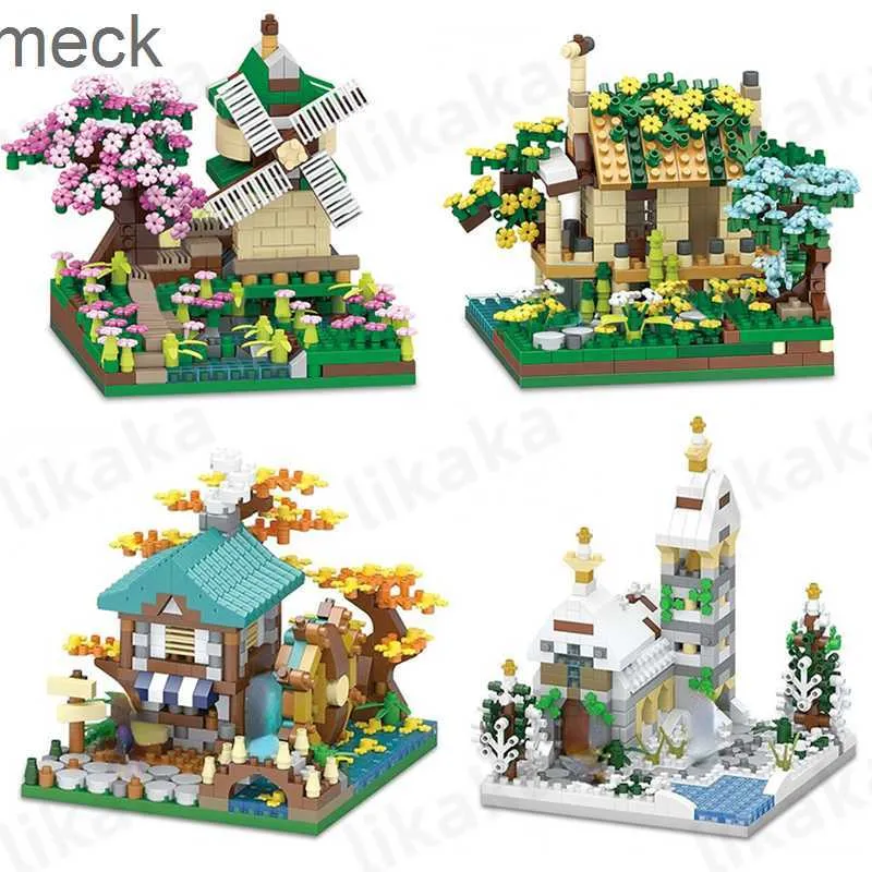 Blocs ville maison blocs de construction Sakura moulin à vent diamant briques jouets pour filles garçons pêcheur cabane vue sur la rue modèle blocs jouets cadeau