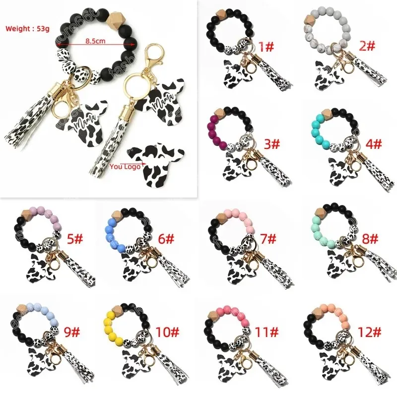 Llaveros Vaca Cuentas de silicona personalizadas Borla de cuero Linda vaca Madera Toro Pulsera de cuentas de madera Llavero de pulsera de silicona