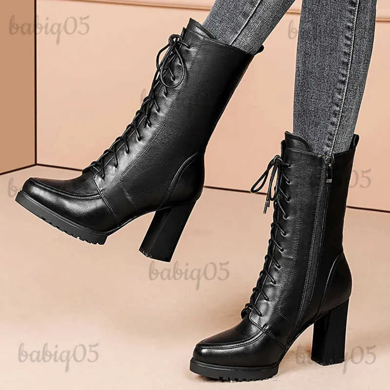 Boots Rimocy Warm Short Plush Winter Boots for Women 2022 High Heels Pu Leather Mid Calf Boots Woman Platform Motorcycle Botas Shoes T231117