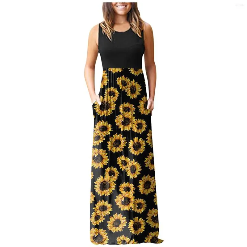 Casual jurken zomerjurk dames mouwloze pocket bloemendruk strand lange maxi los voor dames plus size tank boho