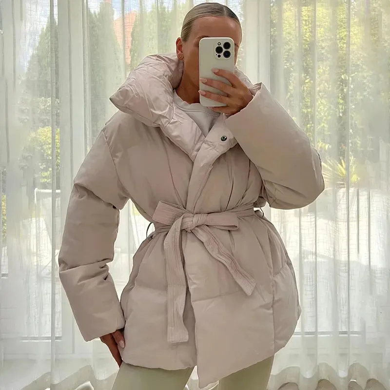 Mulheres para baixo parkas malina inverno grosso gola parka moda gravata cintura casaco elegante sólido curto acolchoado jaquetas femininas senhoras 231117