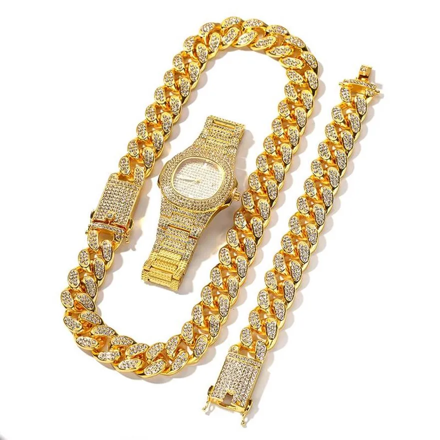 3pcs mens hip hop iced out bling سلسلة أساور قلادة diamond Watch Cuban Link Stains Hiphop Jewelry288m