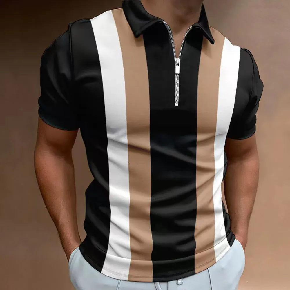 Polos pour hommes Polo décontracté d'été pour hommes Col rabattu Zipper Stripe Print T-Shirt Couleur unie Gulf Vêtements Business Tops Tees 230417