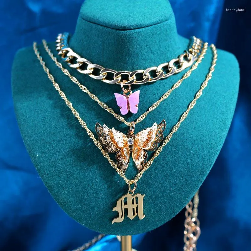 Chaînes 3 pièces couleur or acrylique papillon tour de cou cubain pour les femmes multicouche lettres creuses pendentif breloques torsion colliers cadeau