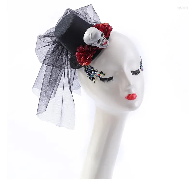 Baskenmützen Hüte Steam Punk Mini Top Hut Damen Fedora mit Totenkopf Haarspange Lolita Vintage Blumen Accessoires für Halloween