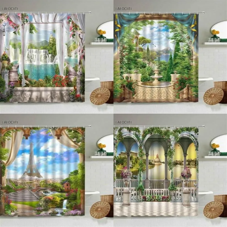 Cortinas de chuveiro paisagem cortina cachoeira floresta arqueada jardim janela vista plantas verdes flores casa banheiro com gancho 272h