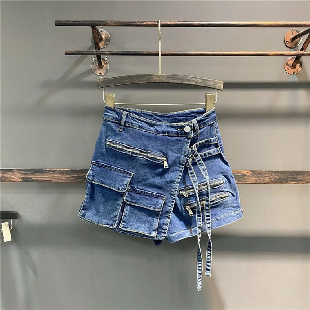 Jeans Summer Irregular Multipocket Tooling Aline Denim Shorts Skirt Women High Wasit Loose Wideleg