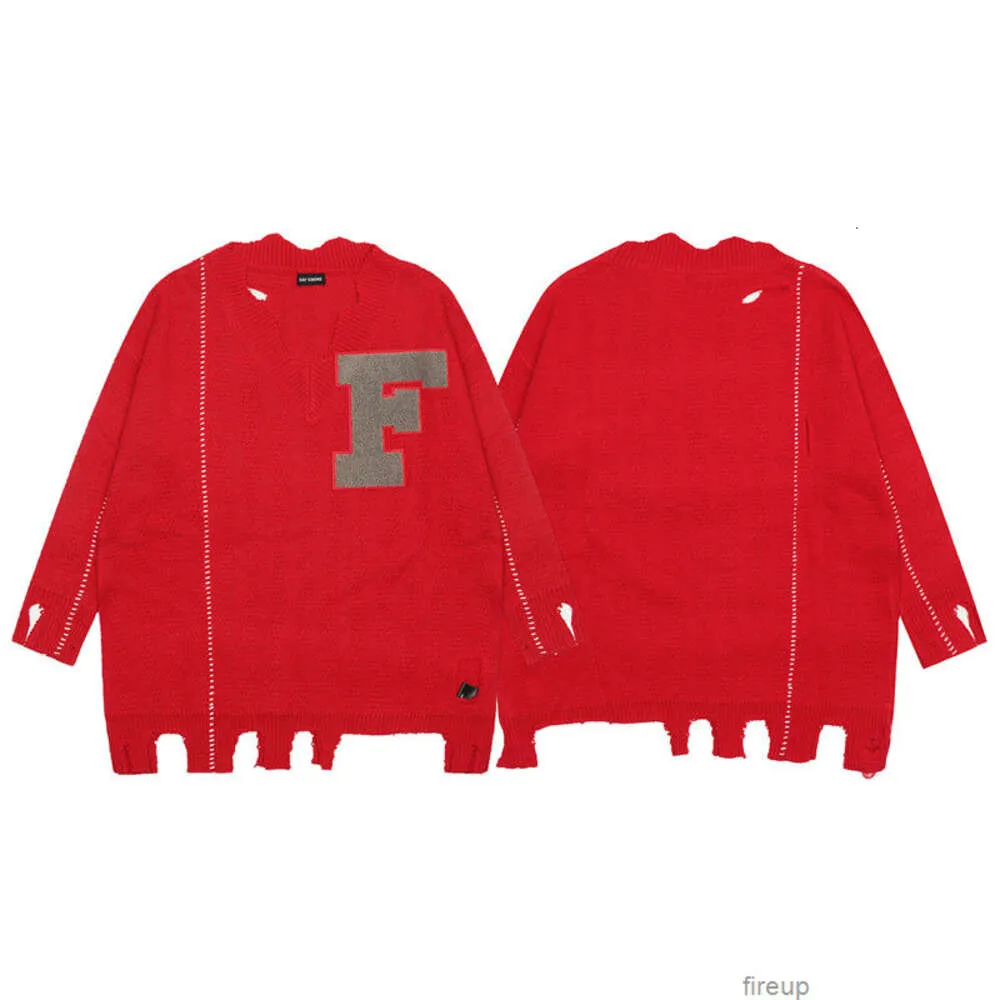 Pulls de créateurs Pull à capuche pour hommes Raf Simons Badge Endommagé Irrégulier Pull rouge en vrac Col en V Laine pour hommes Femmes Tricot