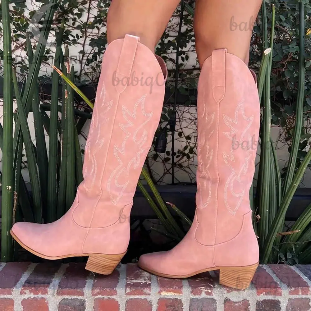 Stivali Western ricamati stivali alti al ginocchio per le donne rosa cowboy cowgirl scarpe moda 2022 vendita calda popolare slip on ragazze bianche T231117