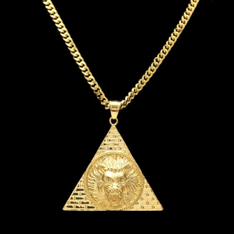 Pyramide égyptienne triangulaire avec pendentifs tête de Lion, en acier titane, couleur or, breloque scintillante pour femmes et hommes, chaîne Hip Hop porte-bonheur 297u