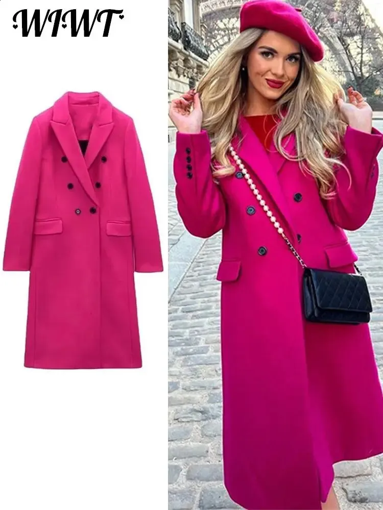 Women's Wool Blends Rose Red Doublebreasted Lapel Trench Coat Women Autumn Winter LongSleeved Loose Female Long Coats Elegant Office Lady Wear 231116