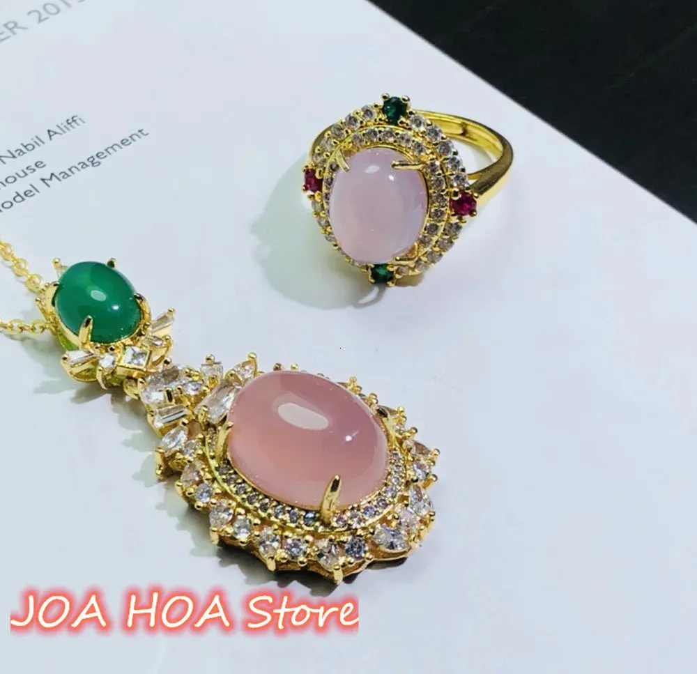 Wedding Jewelry Sets Genuine 925 Silver Gold plated Inlaid Natural Pink Chalcedony Agate Jade Pendant Ring Perfect Handring Chain 231117