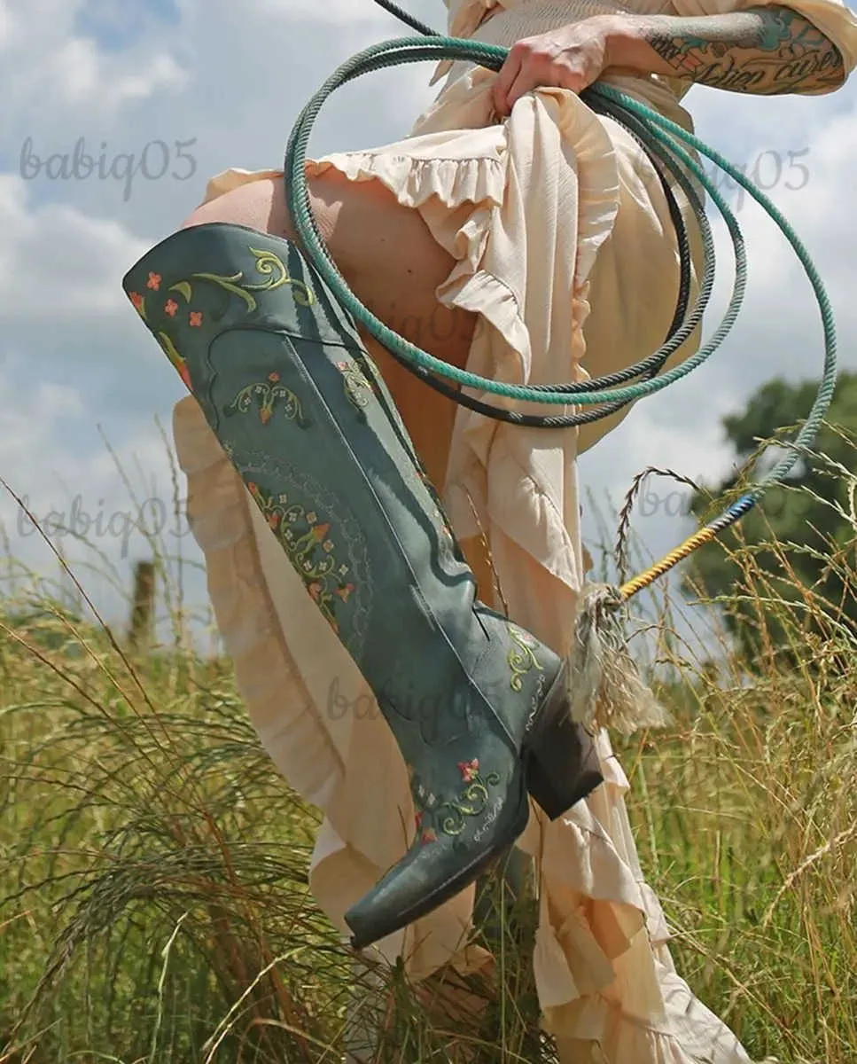 ブーツボニョマリサ女性の刺繍西の膝ハイブーツカウボーイカウガール女性のための膝のブーツフラワーチャンキーデニムシューズT231117