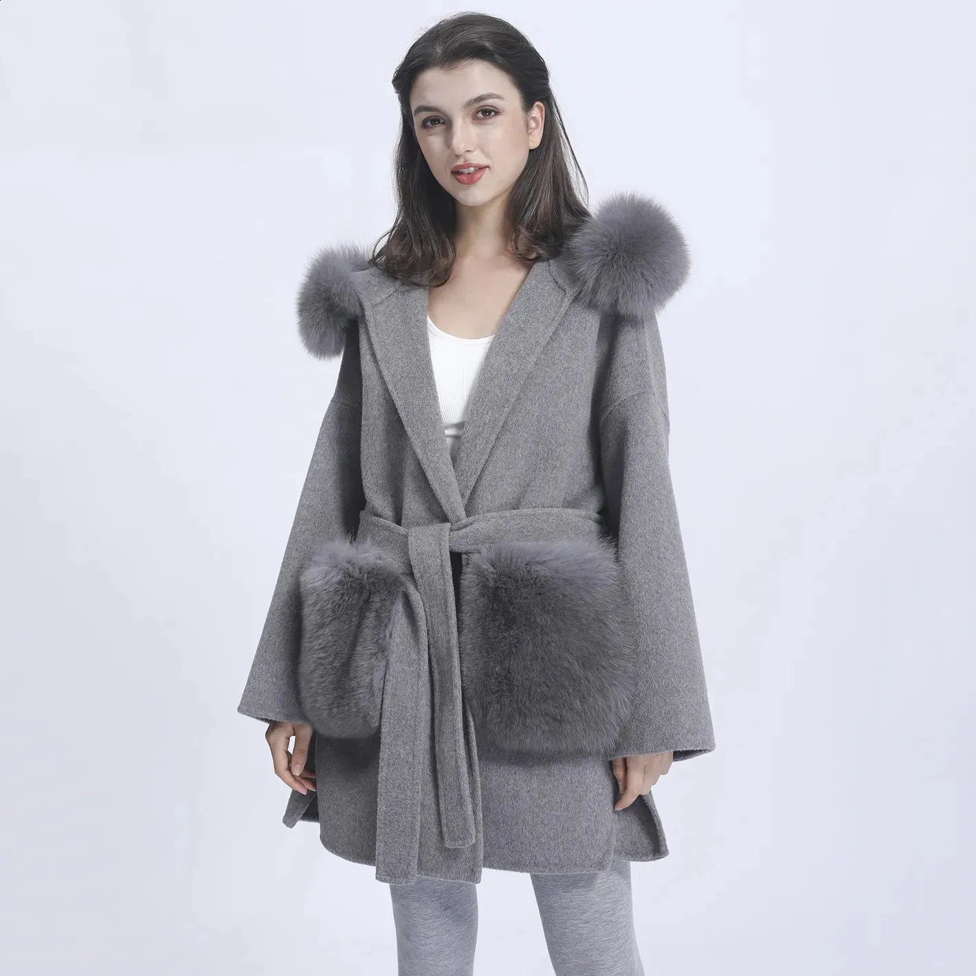 Mélange de fausse laine pour femmes, manteau en cachemire Missjanefur, mode femme, veste à capuche avec grandes poches, ceinture ample, 231116