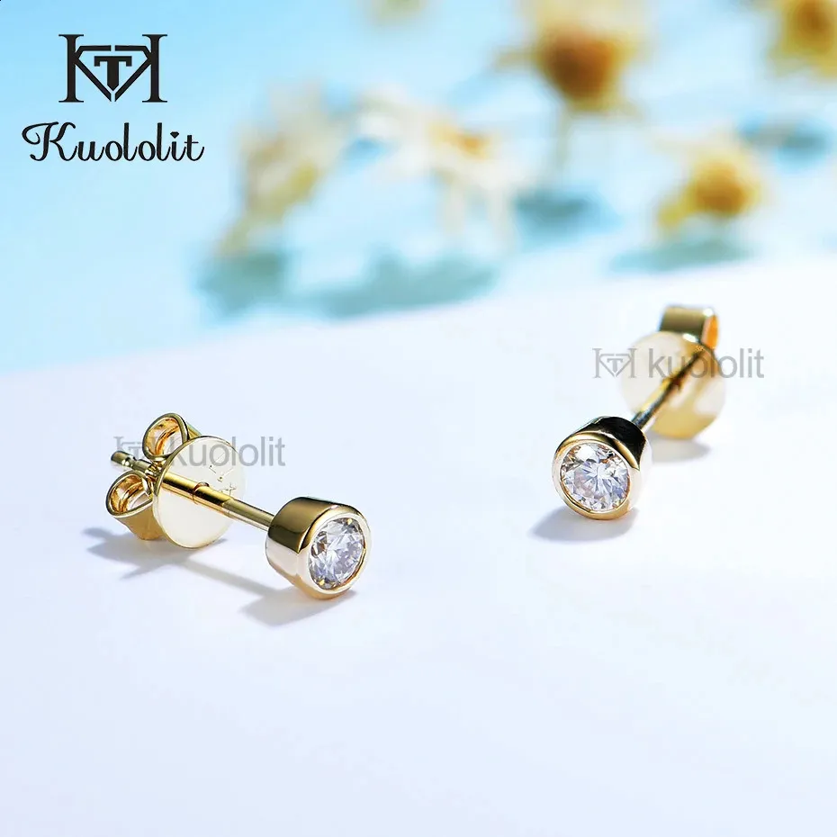 Stud Kuololit Bezel Set Boucles d'oreilles en or 14 carats pour femmes Combiné D/VVS Solitaire Diamant Bijoux pour fête Cadeaux de Noël 231116